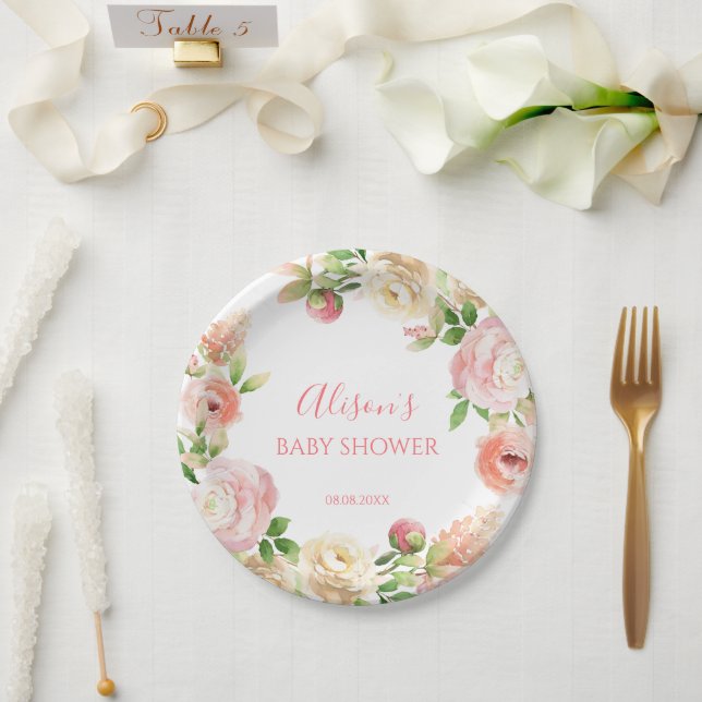Pink Rose Elegant Floral Girl Baby Shower Paper Plates (Wedding)