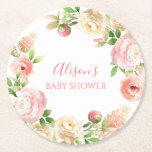 Pink Rose Elegant Floral Girl Baby Shower Round Paper Coaster<br><div class="desc">Pink Rose Elegant Floral Girl Baby Shower Round Paper Coaster - Adorable and cute coaster featuring floral pink rose. All the texts are pre-arranged for you to personalize easily and quickly with your details.</div>