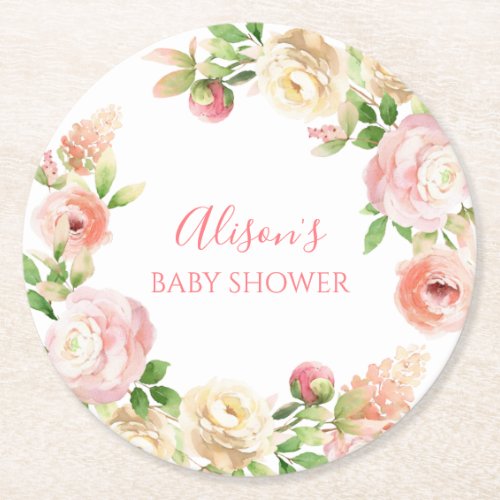 Pink Rose Elegant Floral Girl Baby Shower Round Paper Coaster