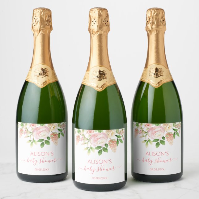 Pink Rose Elegant Floral Girl Baby Shower Sparkling Wine Label (Bottles)