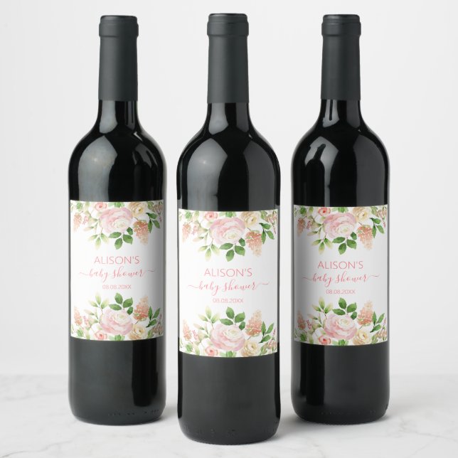Pink Rose Elegant Floral Girl Baby Shower Wine Label (Bottles)