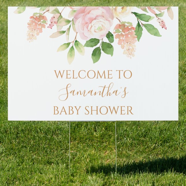 Pink Rose Elegant Floral Girl Baby Shower Yard Sign (Insitu)