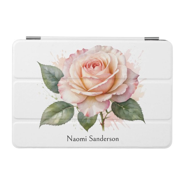 Pink Rose Elegant Watercolor Flower Personalized iPad Mini Cover (Horizontal)