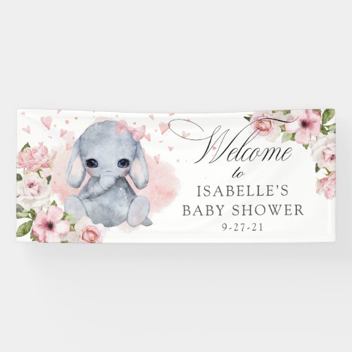 Pink Rose Elephant Baby Shower Backdrop Banner