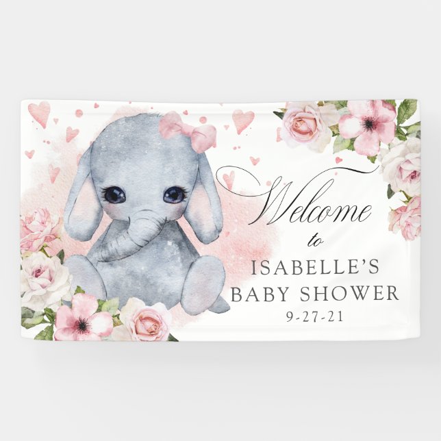 Pink Rose Elephant Baby Shower Backdrop Banner (Horizontal)