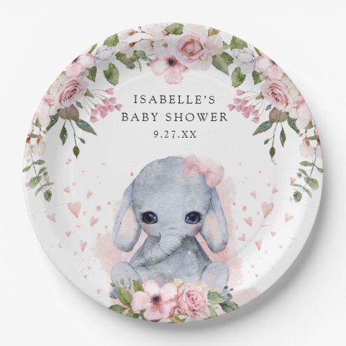 Pink Rose Elephant Baby Shower Thank You Paper Plates