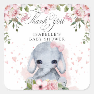 Pink Rose Elephant Baby Shower Thank You Square Sticker