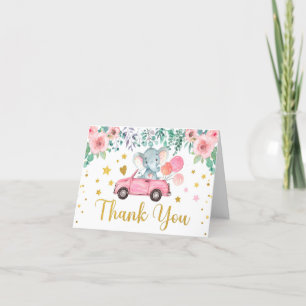 Pink Rose Elephant Drive Through Baby Shower Car Letterpress Thank You Card