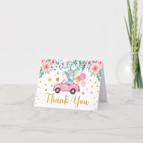 Pink Rose Elephant Drive Through Baby Shower Car Thank You Card