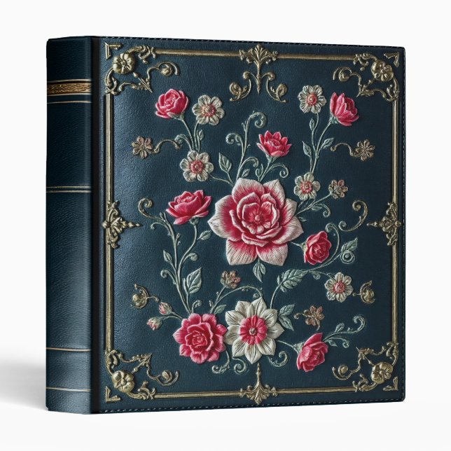 Pink Rose Embroidery on Green Leather Fantasy 3 Ring Binder (Front/Spine)