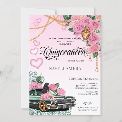 Pink Rose Emerald Green Lowrider Chicana Quince Invitation
