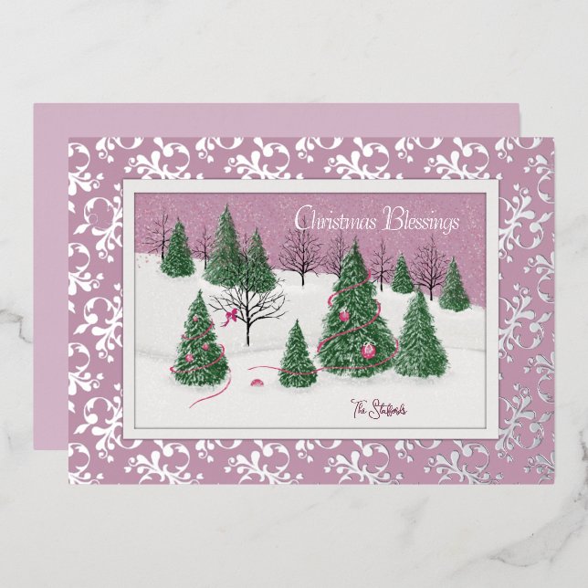 Pink Rose Enchanted Forest Foil Holiday Card (Front/Back)
