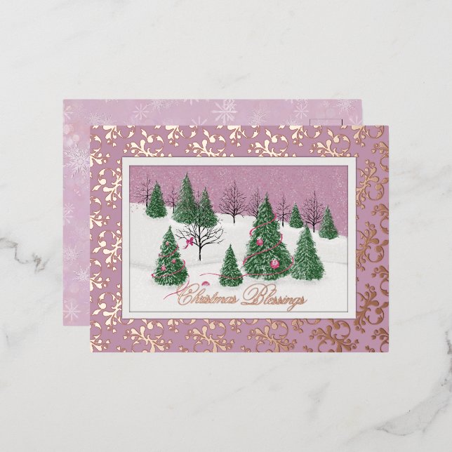 Pink Rose Enchanted Forest Foil Holiday Post Card (Front/Back)