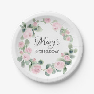 Pink Rose Eucalyptus 90TH Birthday Paper Plates