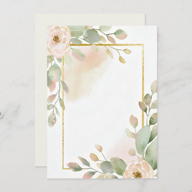 Pink rose, eucalyptus and gold frame blank wedding invitation (Front/Back)