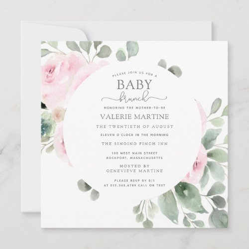 Pink Rose Eucalyptus Baby Brunch Invitation
