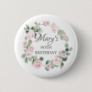 Pink Rose Eucalyptus Botanical 90TH Birthday Button