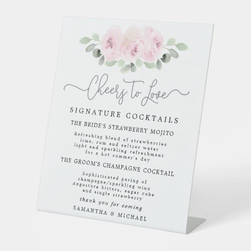 Pink Rose Eucalyptus Cocktails Wedding Bar Pedestal Sign