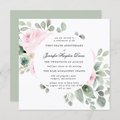 Pink Rose Eucalyptus First Death Anniversary Invitation