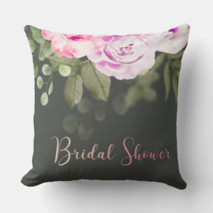 Pink Rose & Eucalyptus Floral Bridal Shower Throw Pillow