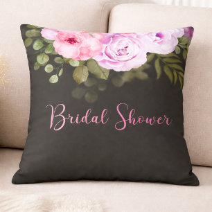 Pink Rose & Eucalyptus Floral Bridal Shower Throw Pillow
