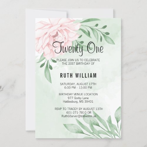 Pink Rose Eucalyptus Foliage 21st Birthday Invitation