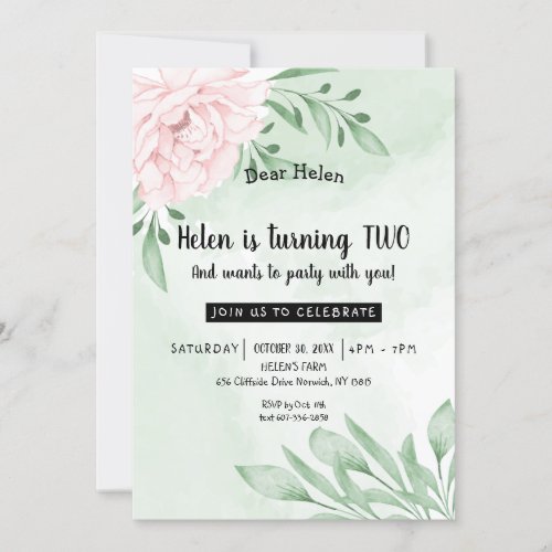 Pink Rose Eucalyptus  Foliage 2nd Birthday Invitation