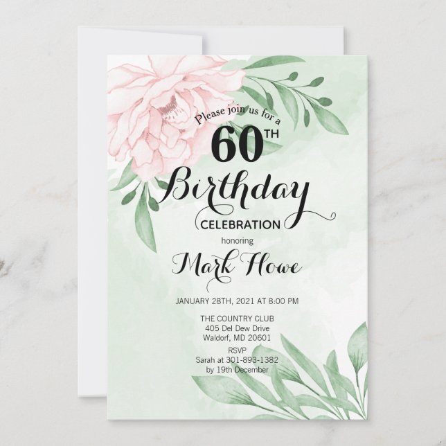 Pink Rose Eucalyptus Foliage 60th Birthday Invitation (Front)