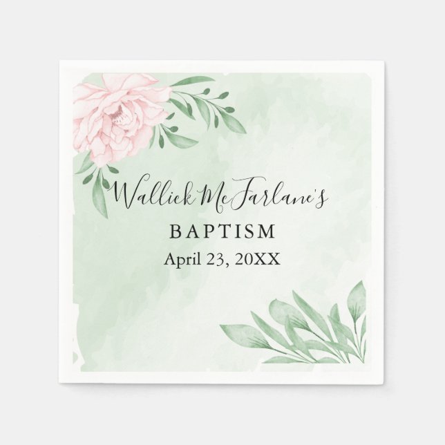 Pink Rose Eucalyptus Foliage Baptism Napkins (Front)