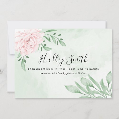 Pink Rose Eucalyptus Foliage Birth Announcement