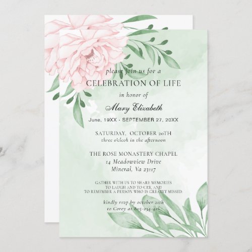 Pink Rose Eucalyptus FoliageCelebration Of Life Invitation