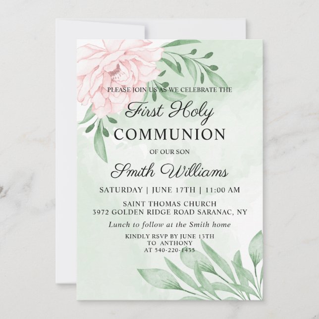 Pink Rose Eucalyptus Foliage First Communion Invitation (Front)