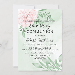 Pink Rose Eucalyptus Foliage First Communion Invitation