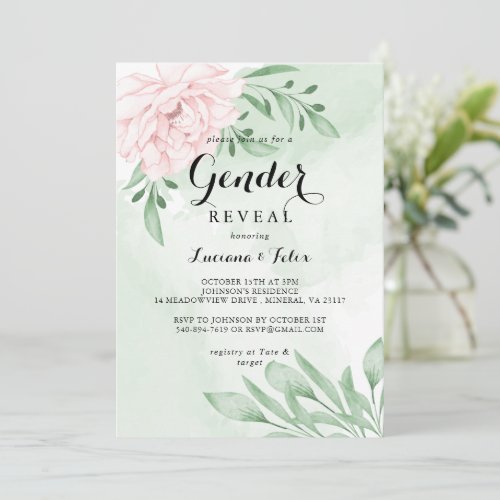 Pink Rose Eucalyptus Foliage Gender Reveal Invitation