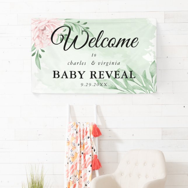 Pink Rose Eucalyptus Foliage Gender Reveal Party Banner (Insitu)