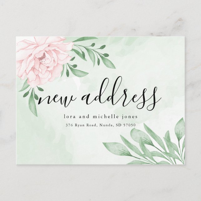 Pink Rose Eucalyptus Foliage New Address Moving Announcement Postcard (Front)