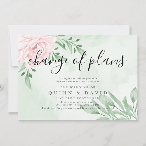 Pink Rose Eucalyptus Foliage Postponed Wedding Invitation