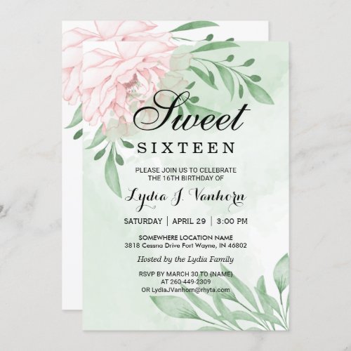 Pink Rose Eucalyptus Foliage Sweet 16 Birthday Invitation