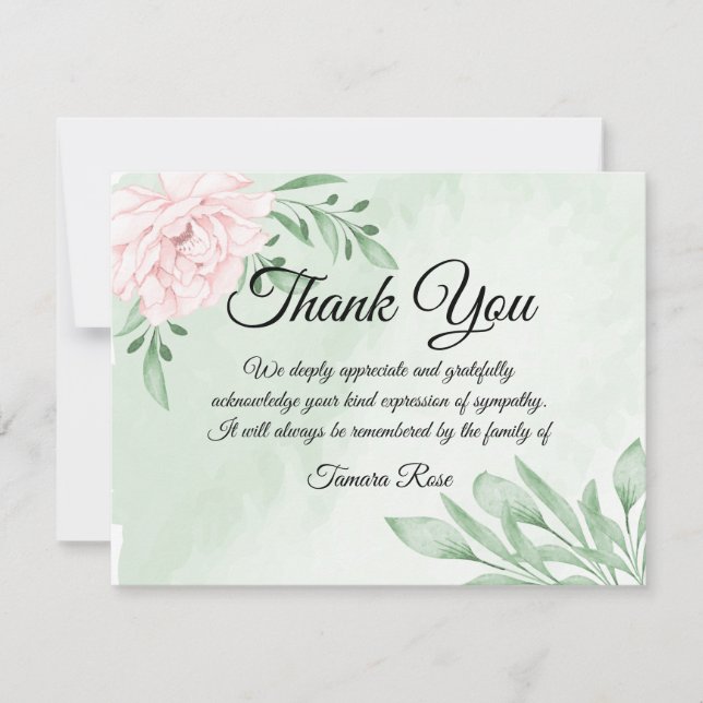 Pink Rose Eucalyptus Funeral Thank You Note (Front)