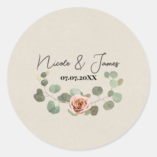 Pink Rose  Eucalyptus Heart Rustic Wedding Classic Round Sticker