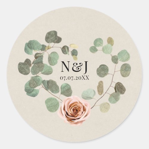 Pink Rose  Eucalyptus Heart Rustic Wedding Classic Round Sticker