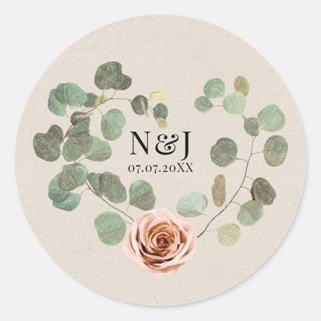 Pink Rose & Eucalyptus Heart Rustic Wedding Classic Round Sticker (Front)