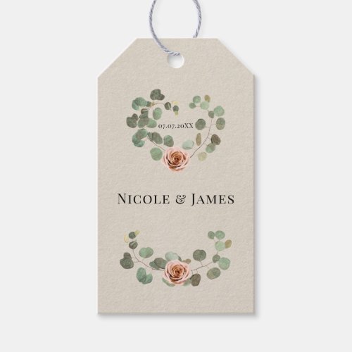 Pink Rose  Eucalyptus Heart Rustic Wedding Gift Tags