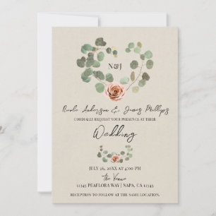 Pink Rose & Eucalyptus Heart Rustic Wedding Invitation