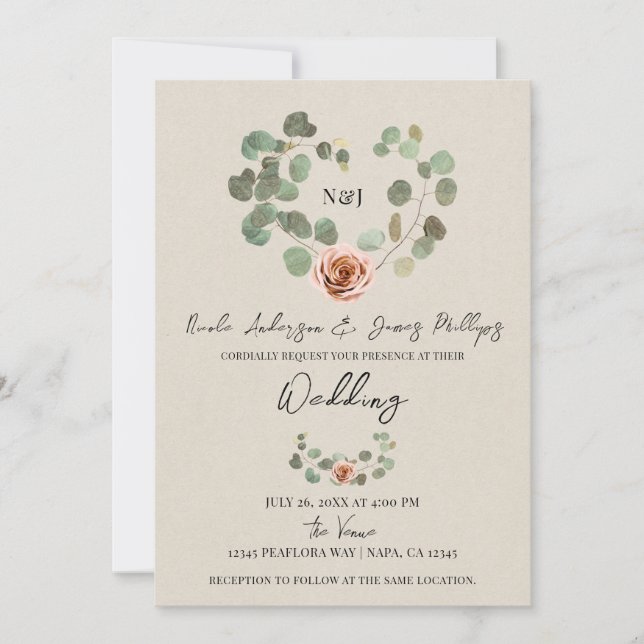 Pink Rose & Eucalyptus Heart Rustic Wedding Invitation (Front)