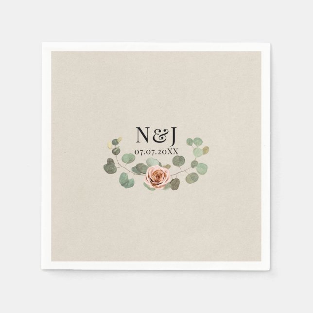 Pink Rose & Eucalyptus Heart Rustic Wedding Napkins (Front)
