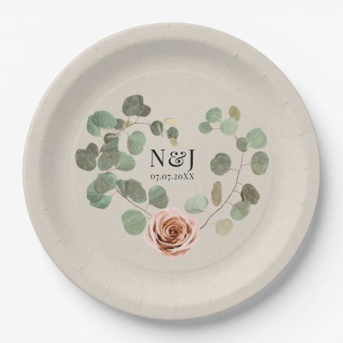 Pink Rose  Eucalyptus Heart Rustic Wedding Paper Plates