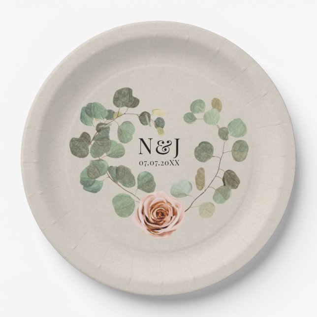 Pink Rose & Eucalyptus Heart Rustic Wedding Paper Plates (Front)