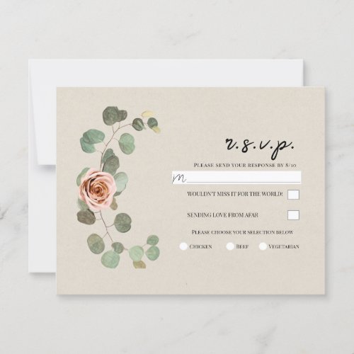 Pink Rose  Eucalyptus Heart Rustic Wedding RSVP Invitation