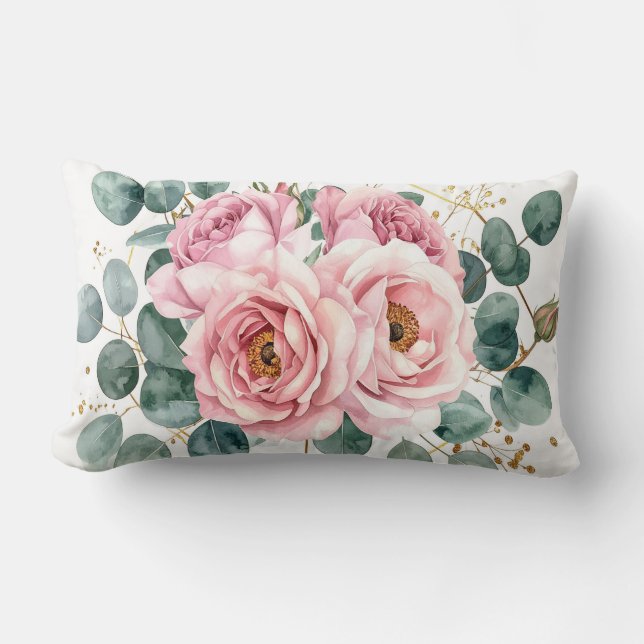 Pink Rose & Eucalyptus Pillow (Front)